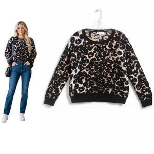 Vince Camuto Leopard Oversized Sweater Textured Animal Print Crew Top Neutral L